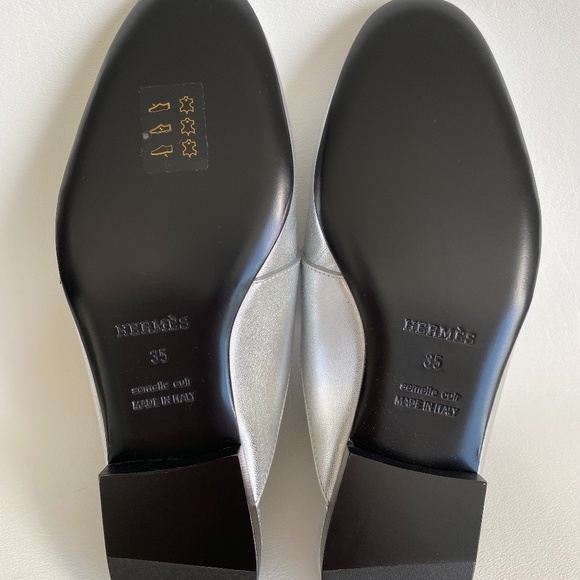 HERMES H CATENA SILVER LEATHER MULES FLIP FLOPS SHOES FLAT SLIDES 35 - Picture 11 of 15